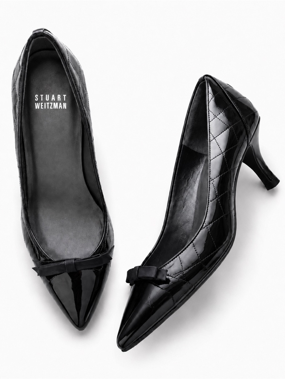Stuart Weitzman Black Patent Quilted Bow Pointed Toe Pumps 6.5